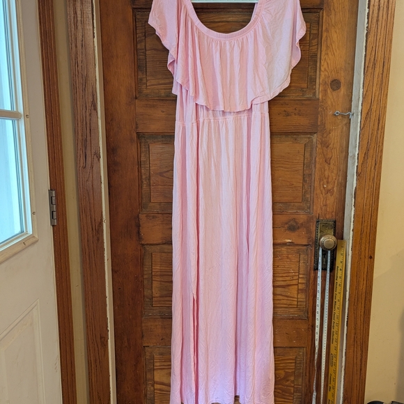 Pink Ruffled A-line Maxi Dress with Flutter Sleeves - Picture 1 of 5